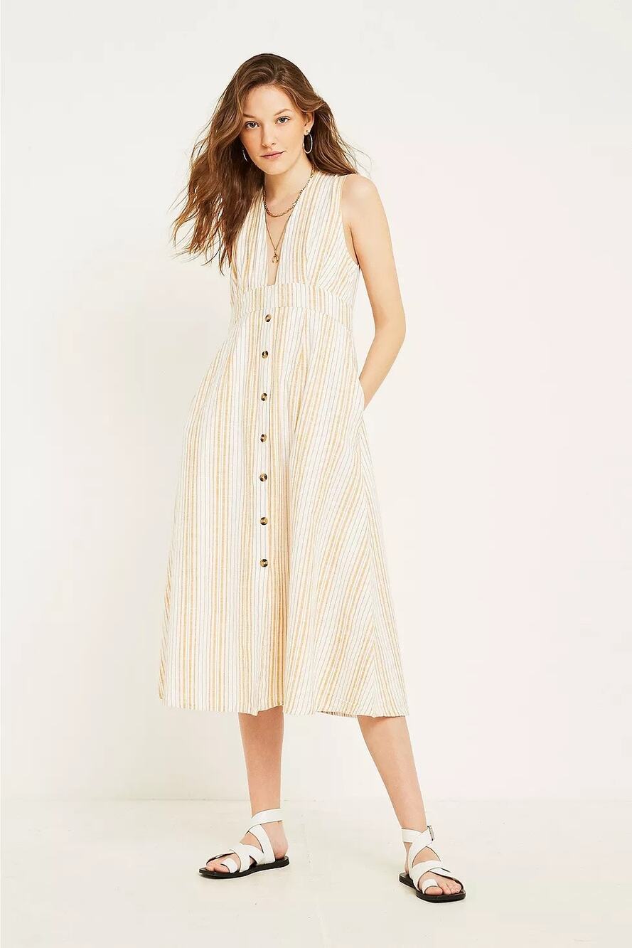 Urban Outfitters Millie Stripe Plunging Linen Button-Through Midi Dress Size 6